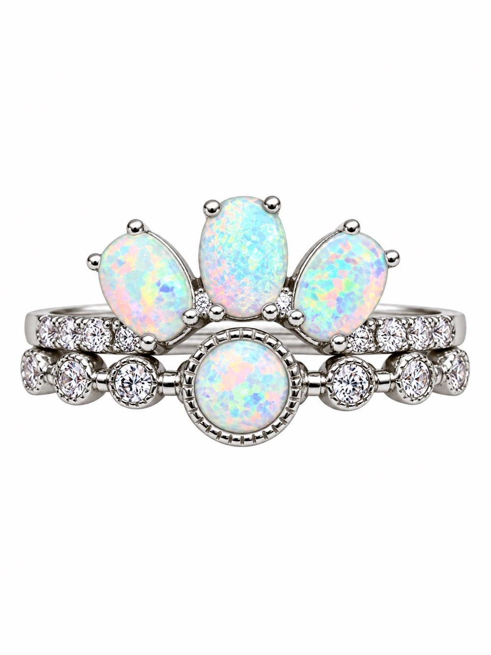Sterling Silver 925 White Fire Opal CZ Bridal Ring Set Size 6